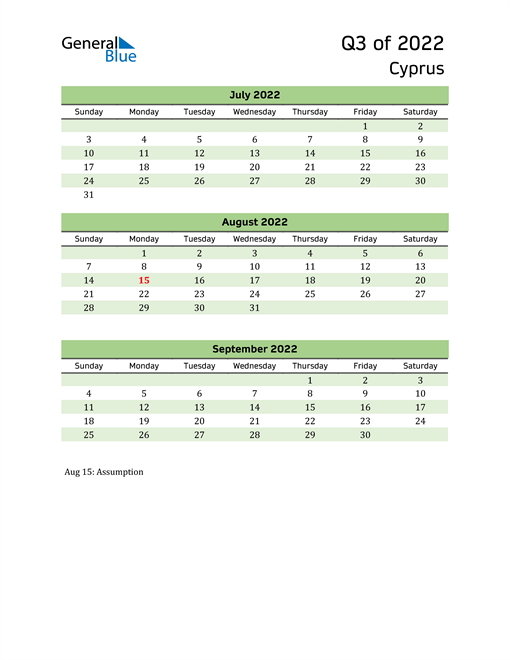  Quarterly Calendar 2022 with Cyprus Holidays 