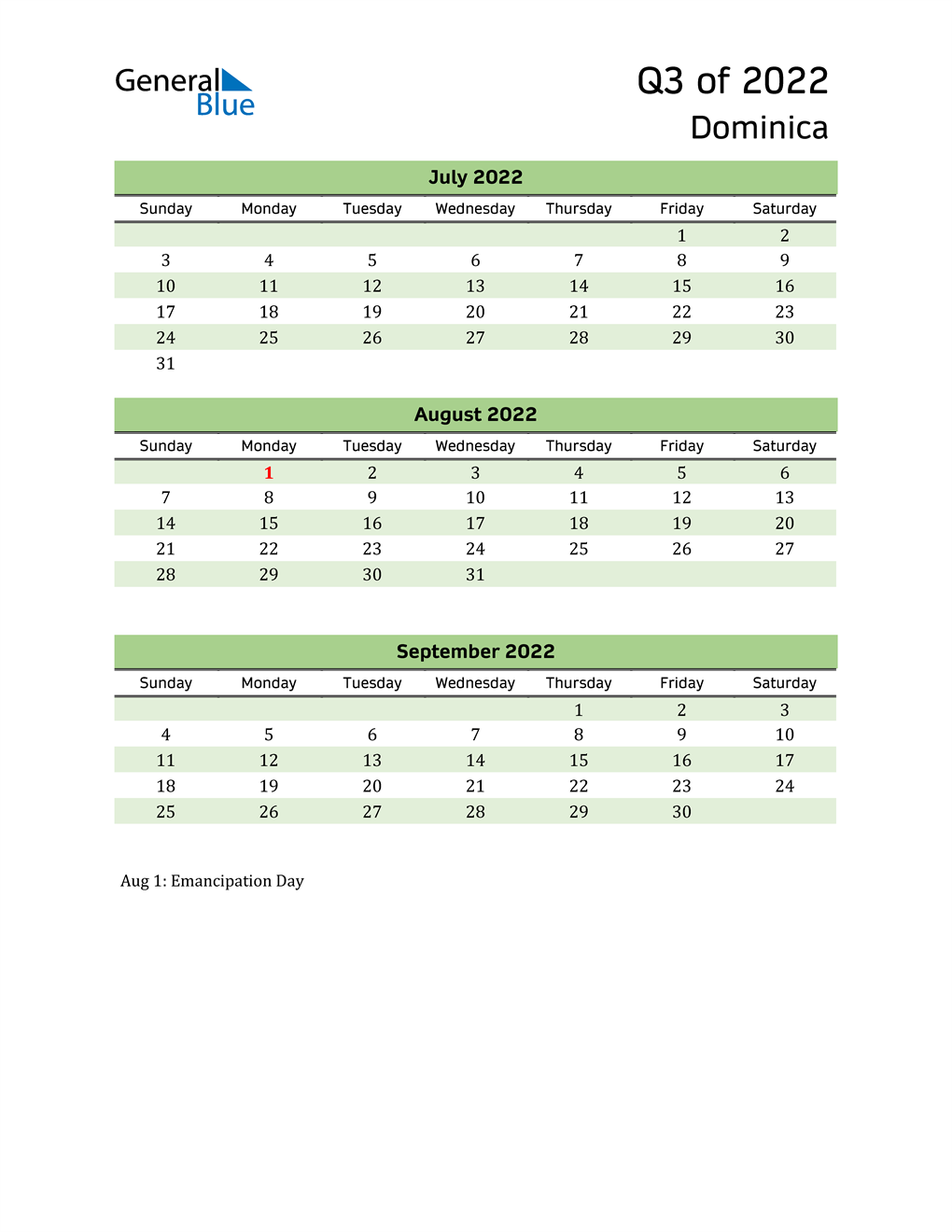  Quarterly Calendar 2022 with Dominica Holidays 