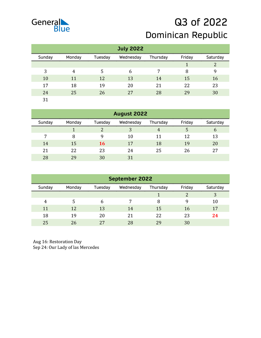  Quarterly Calendar 2022 with Dominican Republic Holidays 