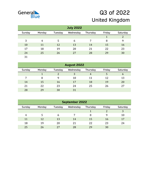 Quarterly Calendar 2022 with United Kingdom Holidays 