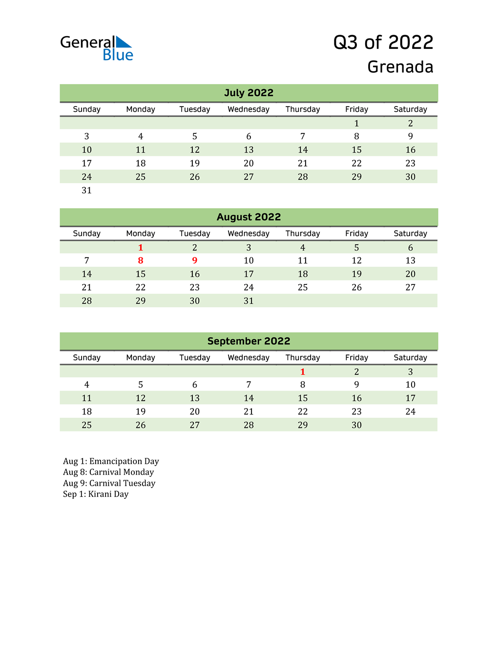  Quarterly Calendar 2022 with Grenada Holidays 