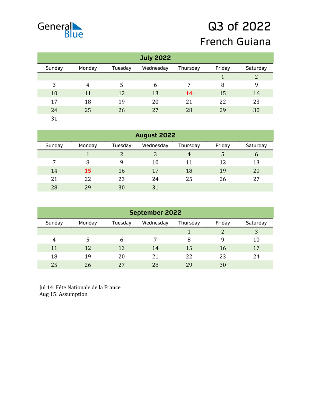  Quarterly Calendar 2022 with French Guiana Holidays 