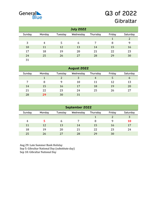  Quarterly Calendar 2022 with Gibraltar Holidays 
