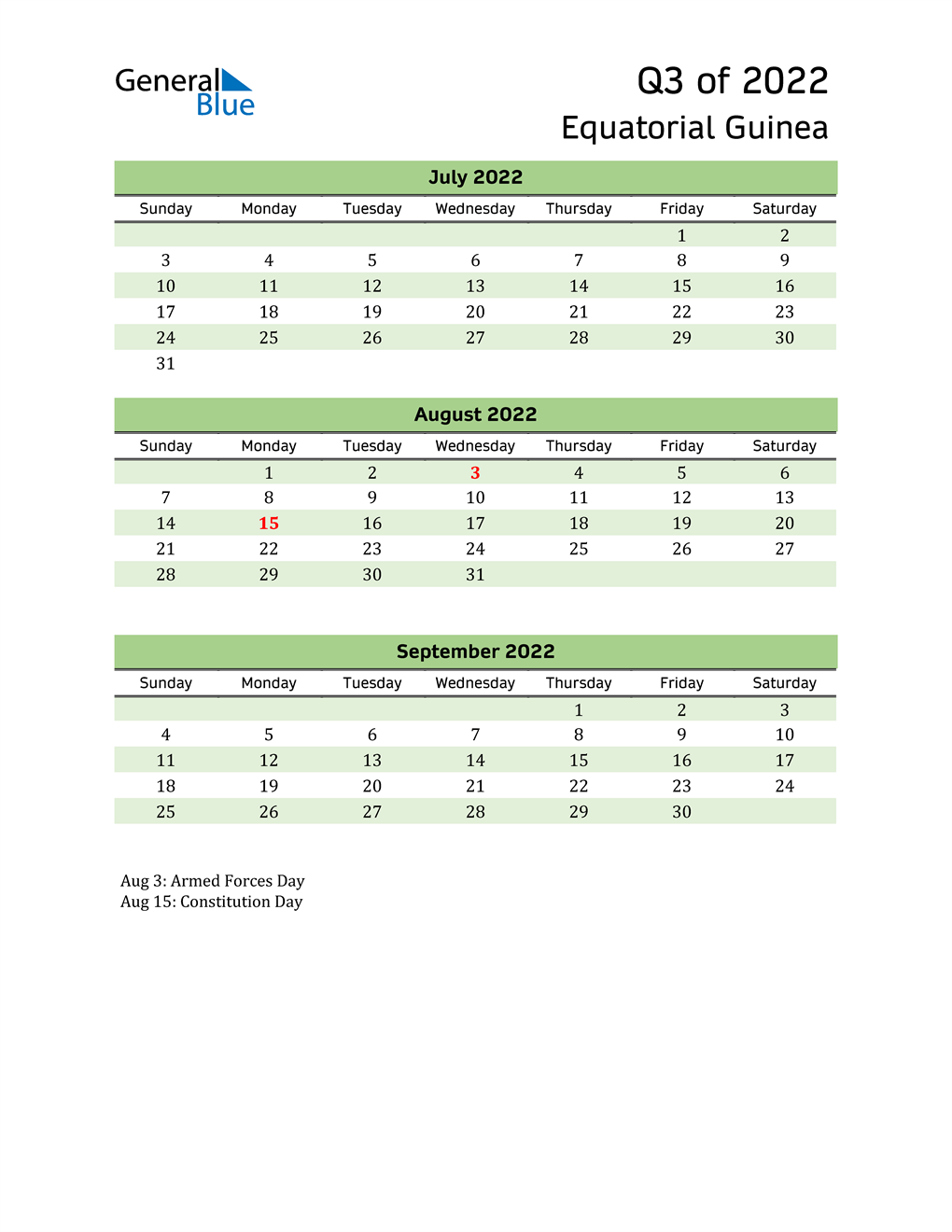  Quarterly Calendar 2022 with Equatorial Guinea Holidays 
