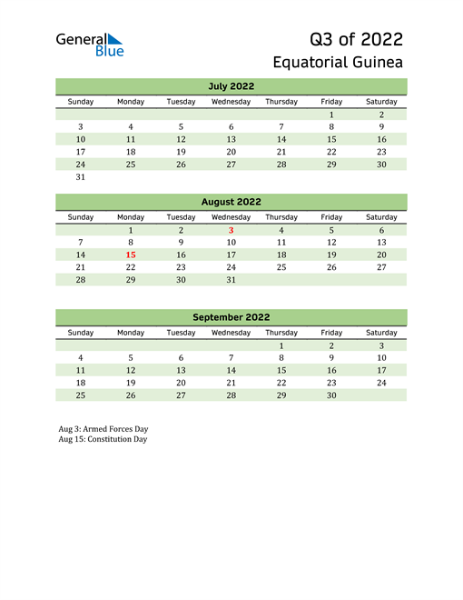  Quarterly Calendar 2022 with Equatorial Guinea Holidays 