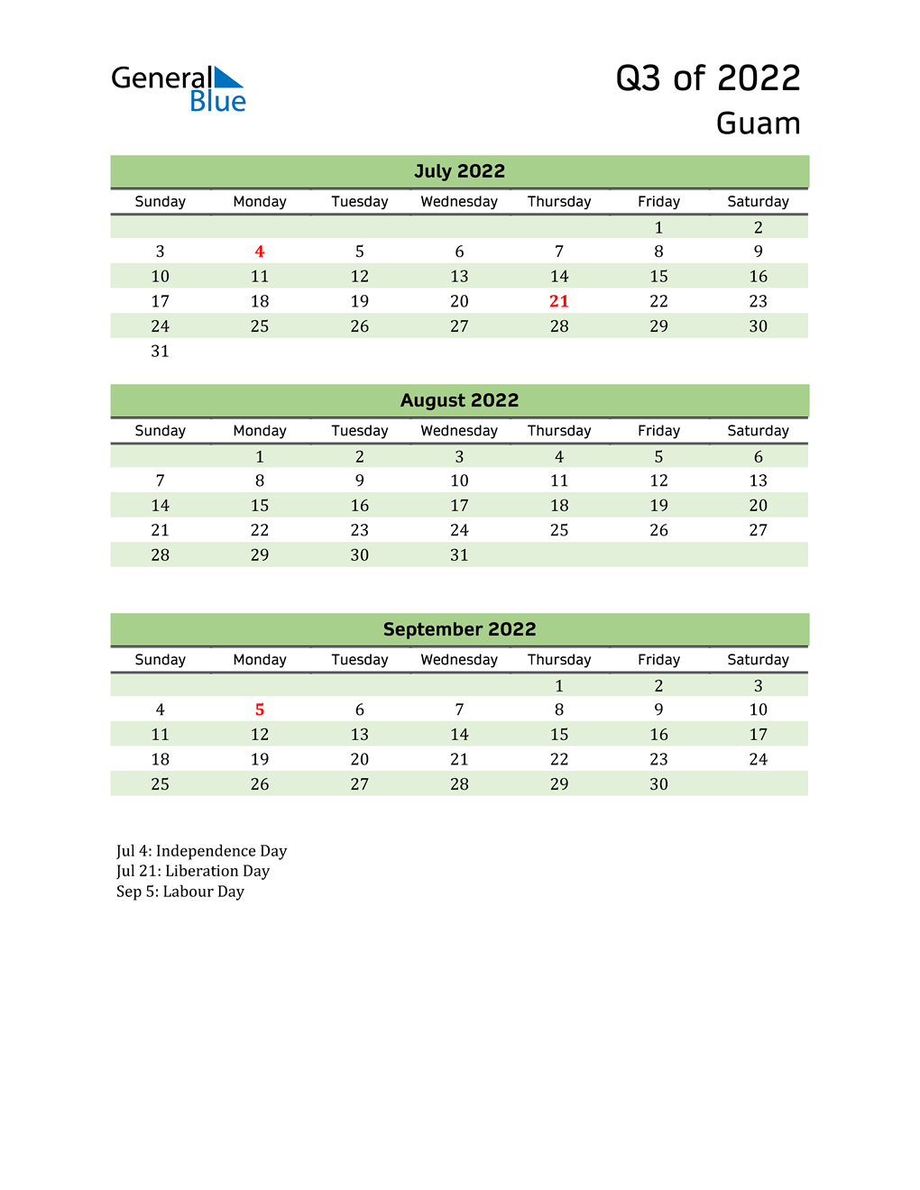 Quarterly Calendar 2022 with Guam Holidays 