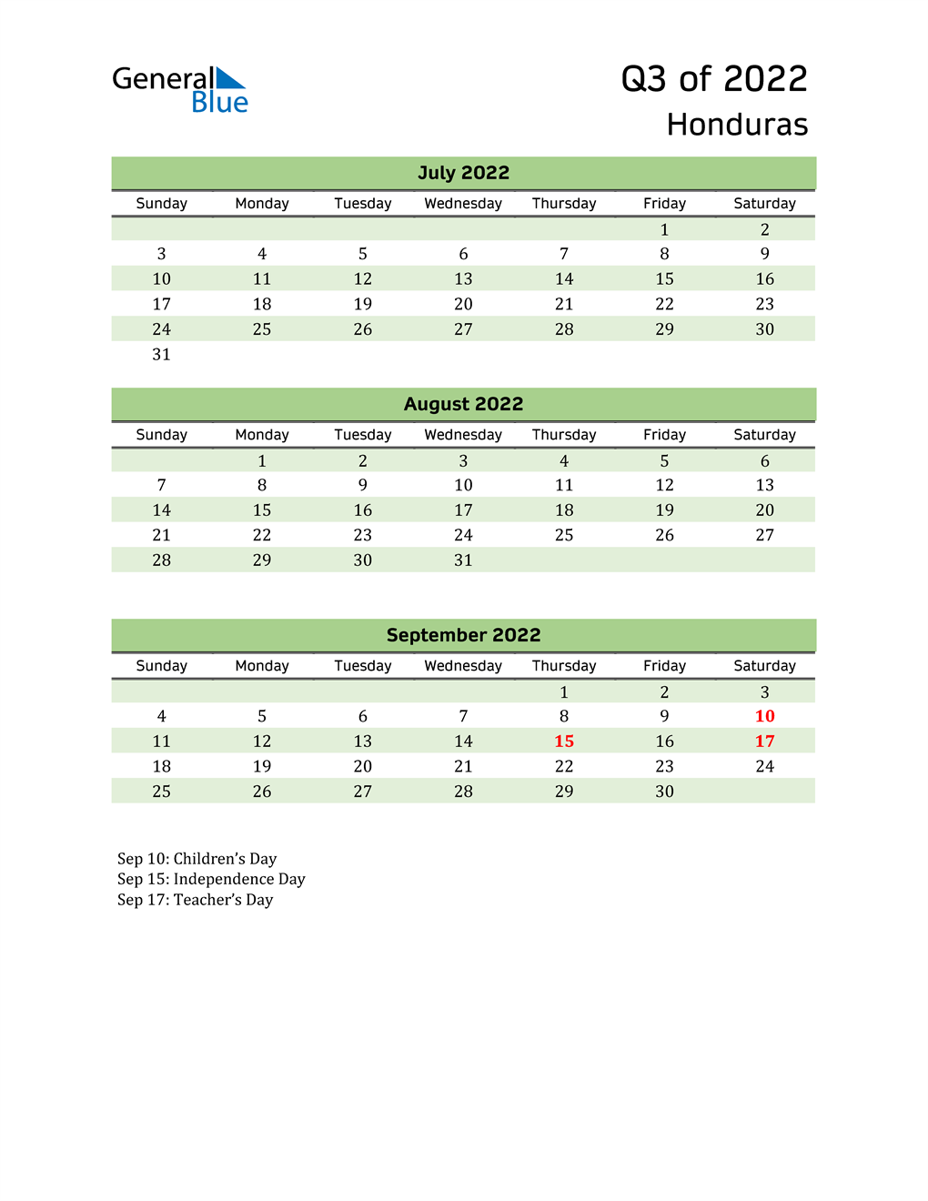  Quarterly Calendar 2022 with Honduras Holidays 