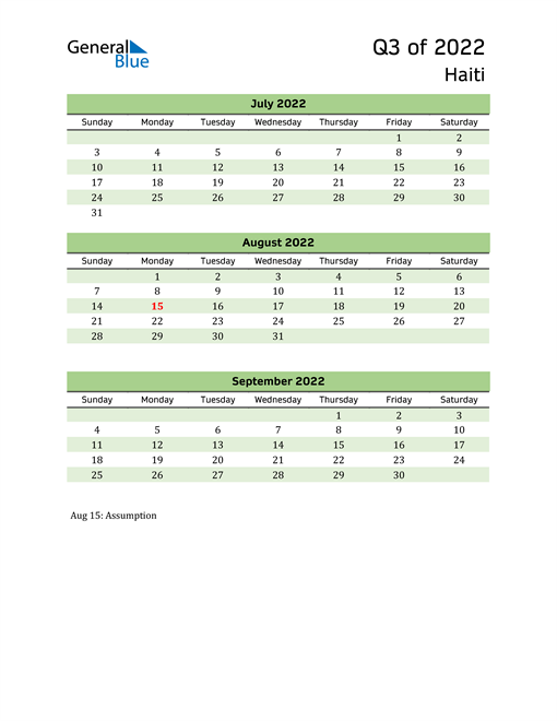 Quarterly Calendar 2022 with Haiti Holidays 