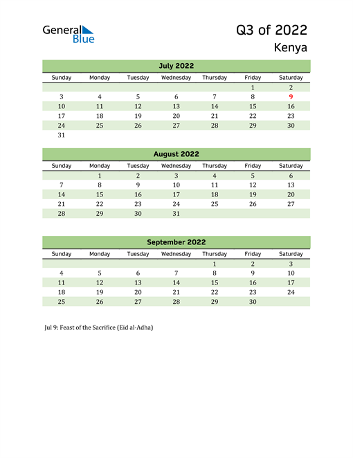  Quarterly Calendar 2022 with Kenya Holidays 