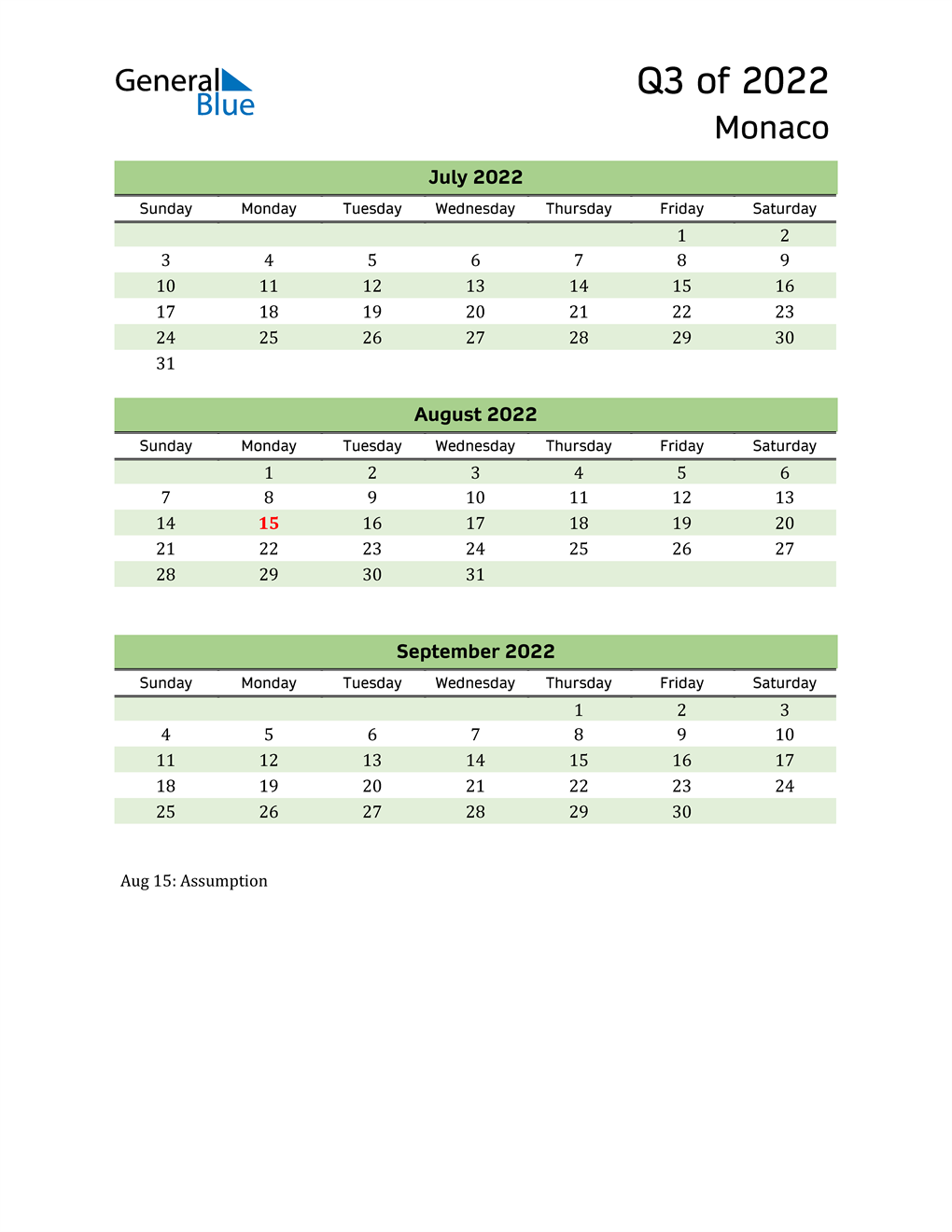  Quarterly Calendar 2022 with Monaco Holidays 