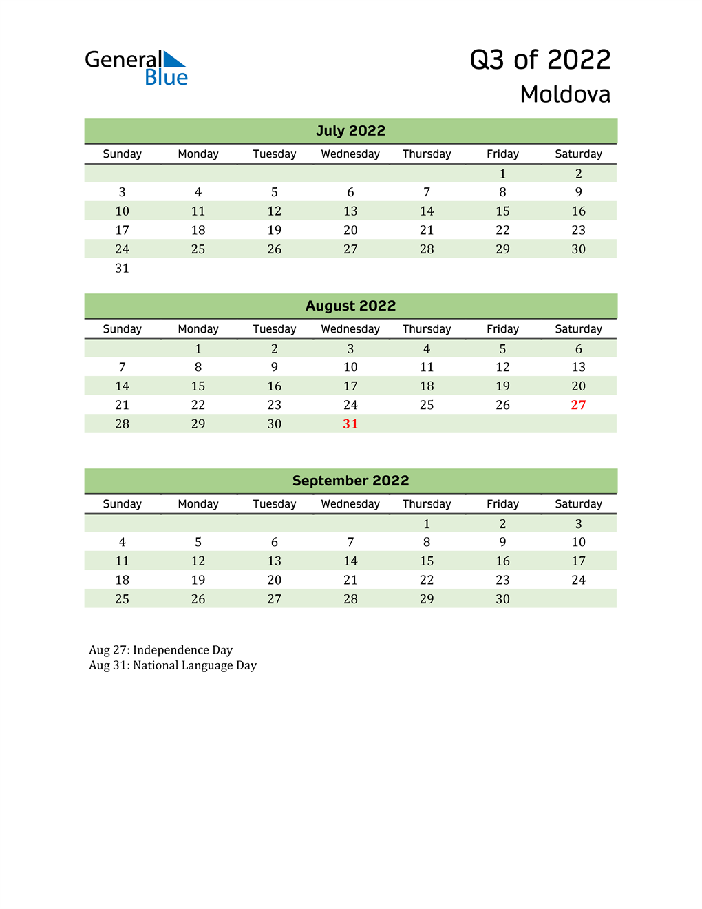 Quarterly Calendar 2022 with Moldova Holidays 