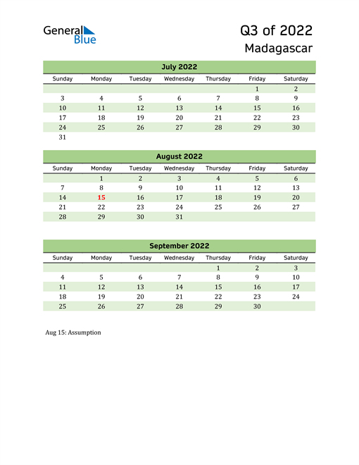  Quarterly Calendar 2022 with Madagascar Holidays 