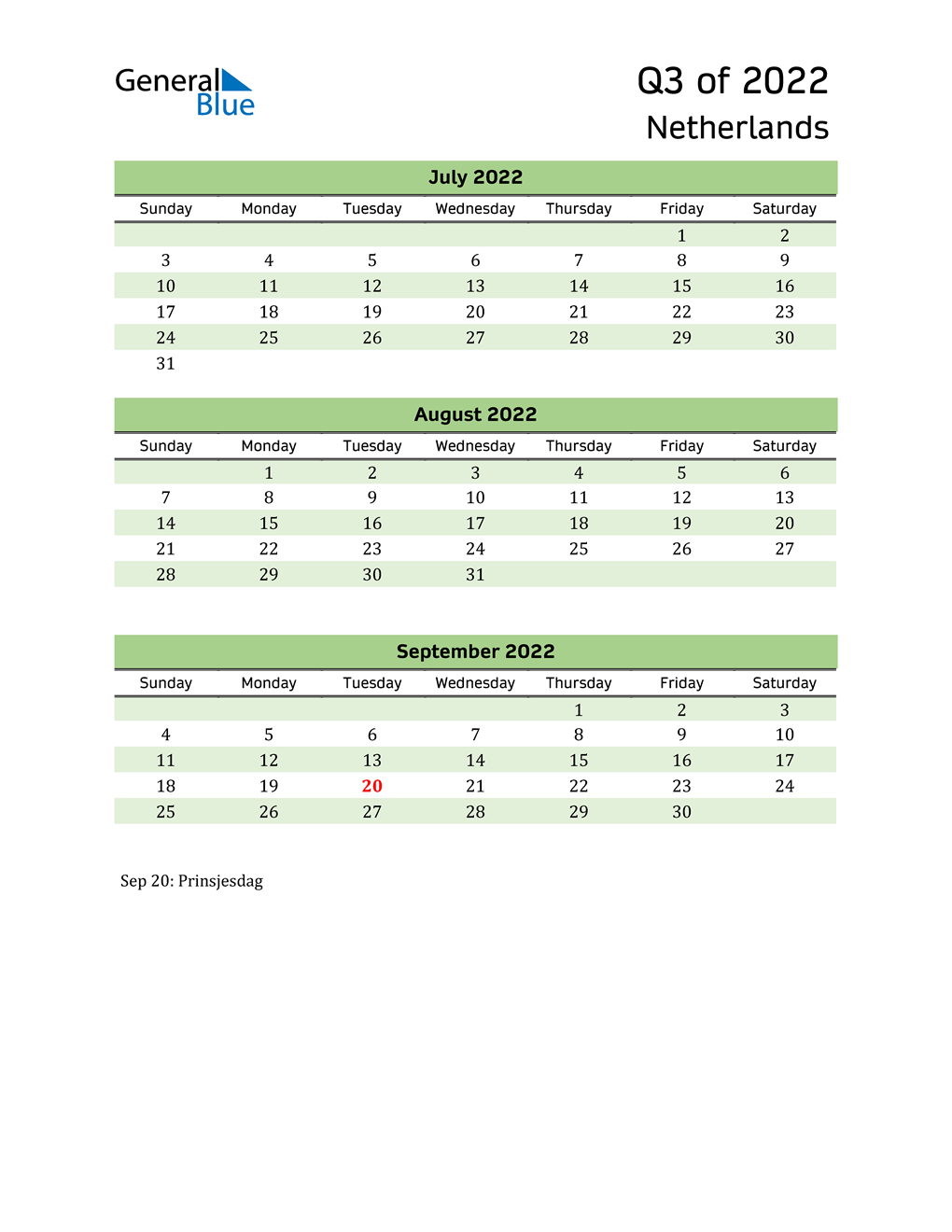  Quarterly Calendar 2022 with Netherlands Holidays 