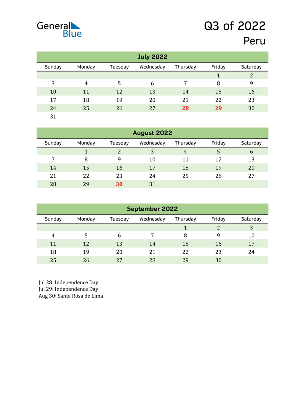  Quarterly Calendar 2022 with Peru Holidays 