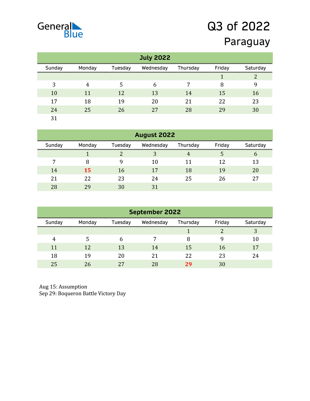  Quarterly Calendar 2022 with Paraguay Holidays 