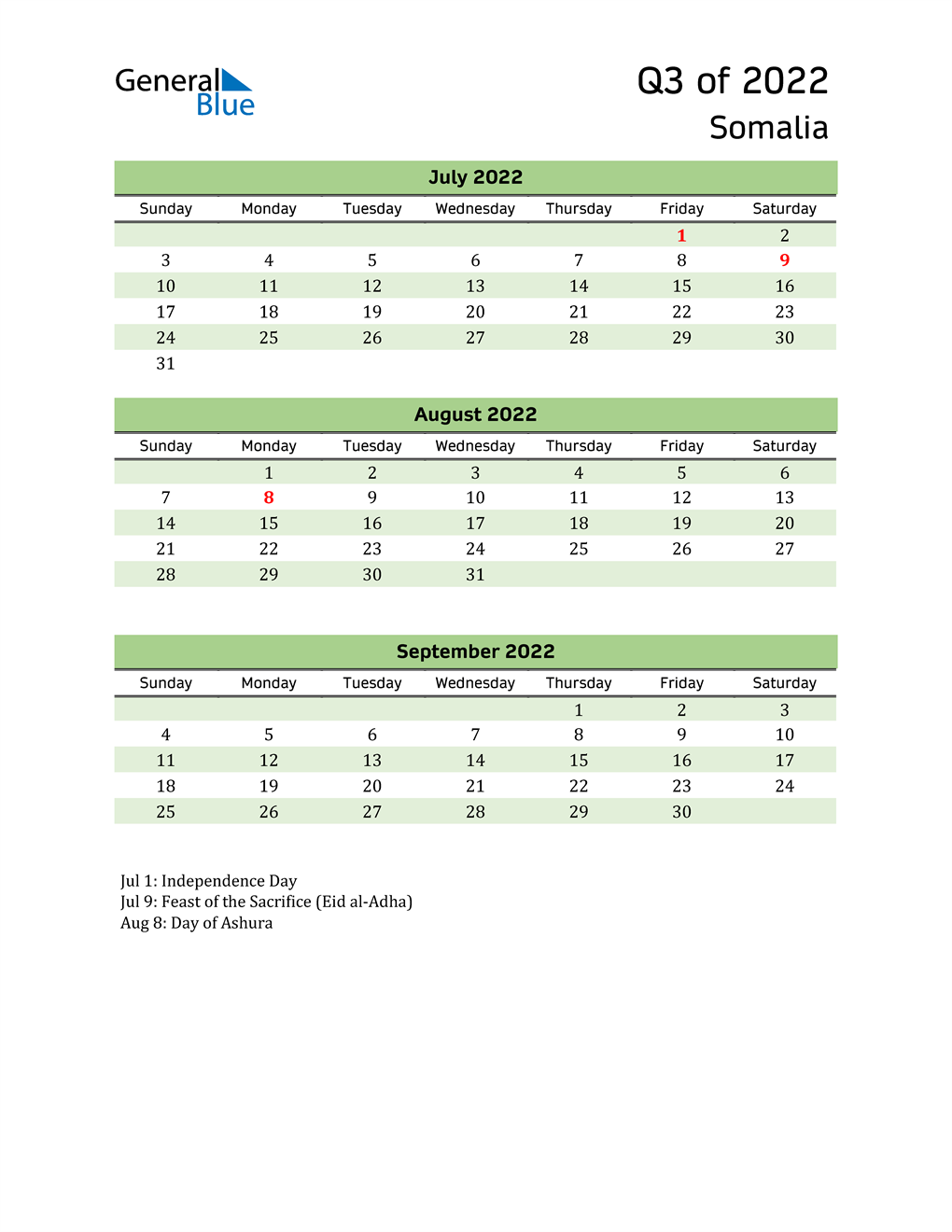  Quarterly Calendar 2022 with Somalia Holidays 