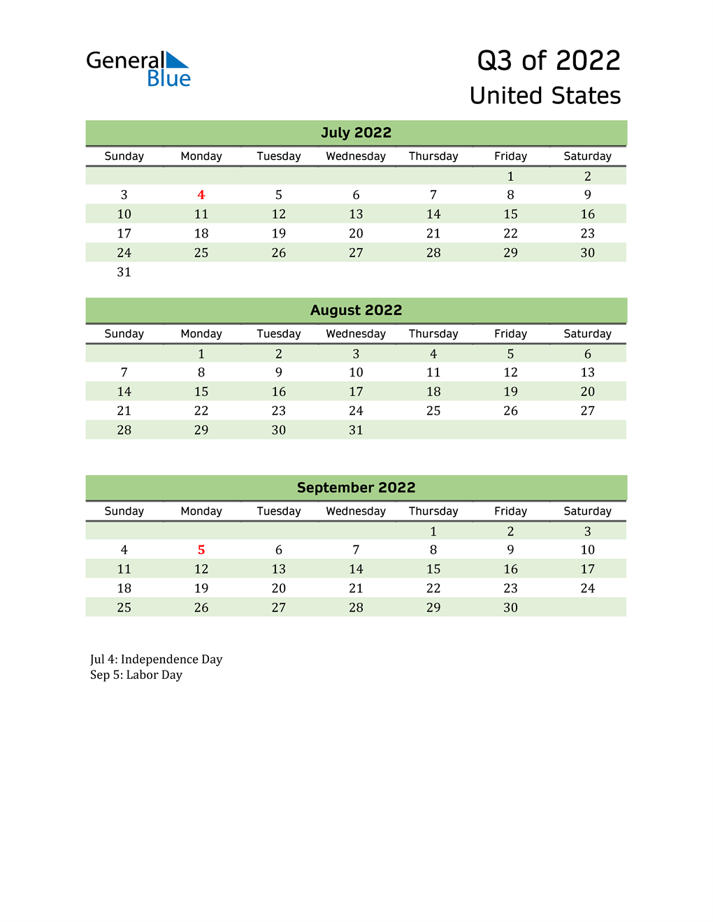 Q3 2022 Quarterly Calendar With United States Holidays