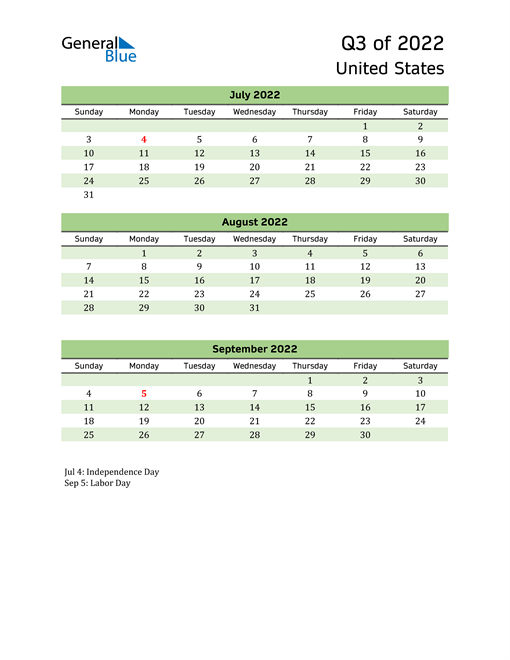  Quarterly Calendar 2022 with United States Holidays 