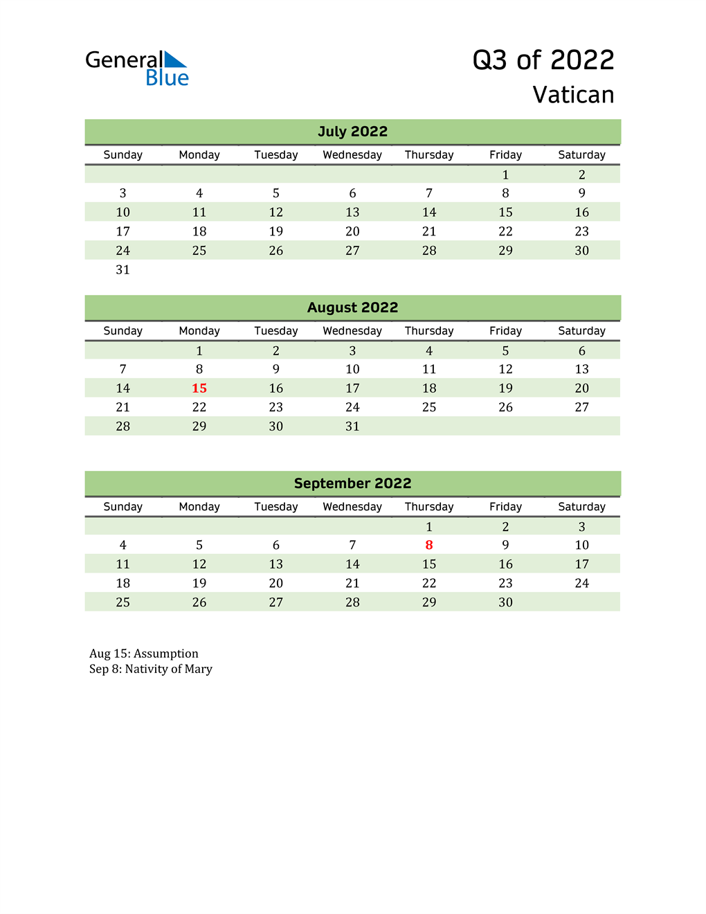  Quarterly Calendar 2022 with Vatican Holidays 