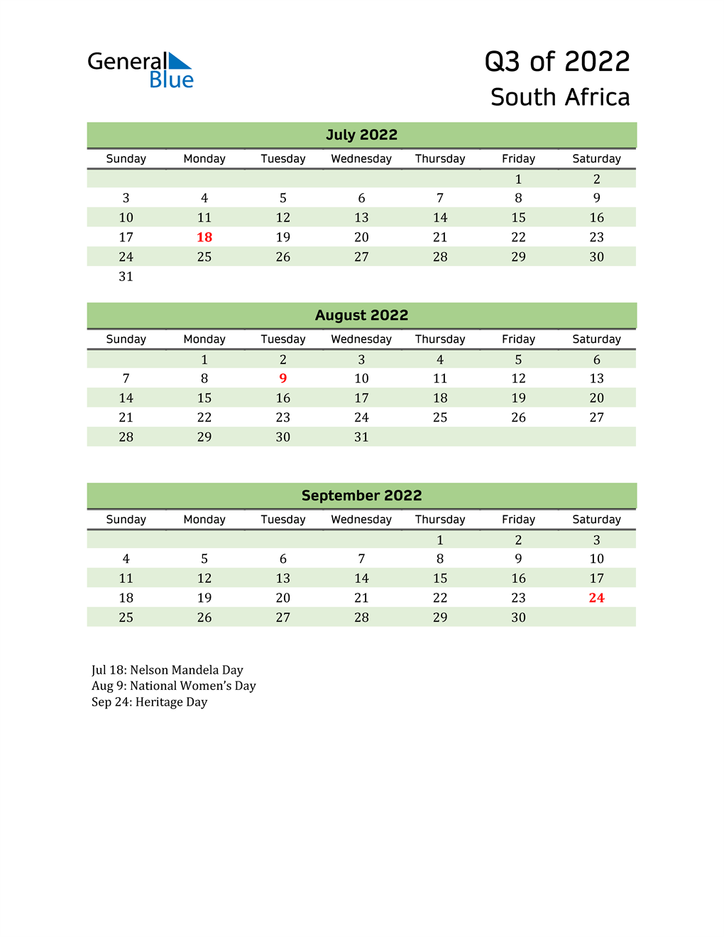  Quarterly Calendar 2022 with South Africa Holidays 