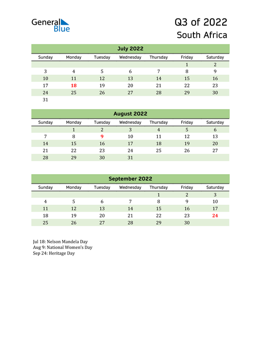  Quarterly Calendar 2022 with South Africa Holidays 