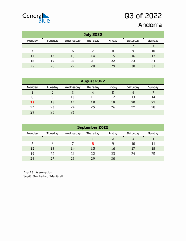 Quarterly Calendar 2022 with Andorra Holidays