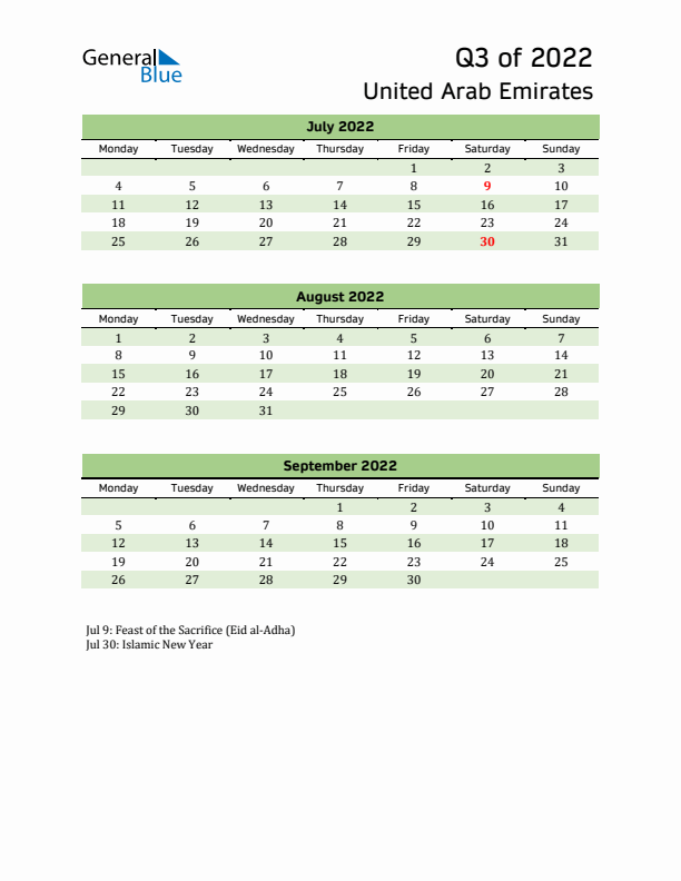 Quarterly Calendar 2022 with United Arab Emirates Holidays