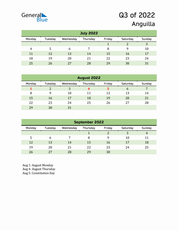 Quarterly Calendar 2022 with Anguilla Holidays