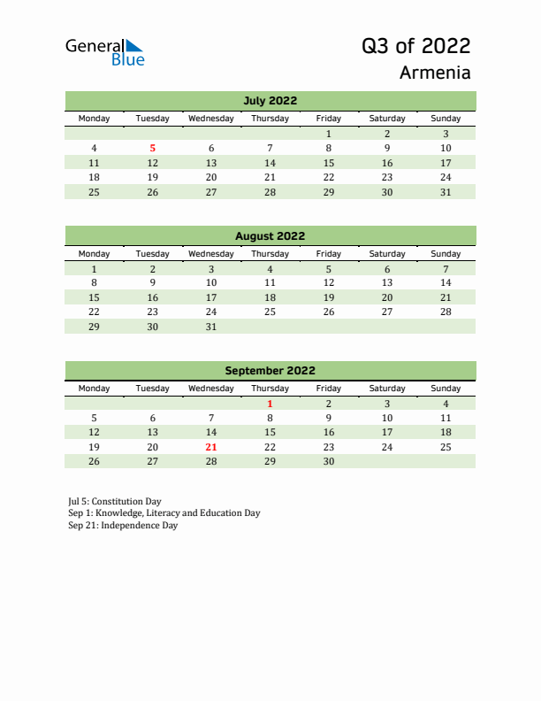 Quarterly Calendar 2022 with Armenia Holidays