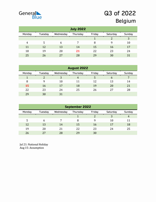 Quarterly Calendar 2022 with Belgium Holidays