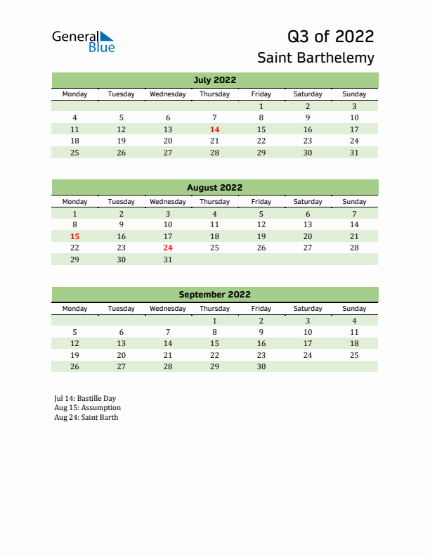 Quarterly Calendar 2022 with Saint Barthelemy Holidays