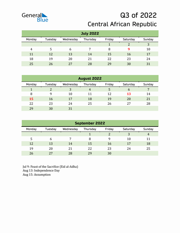 Quarterly Calendar 2022 with Central African Republic Holidays
