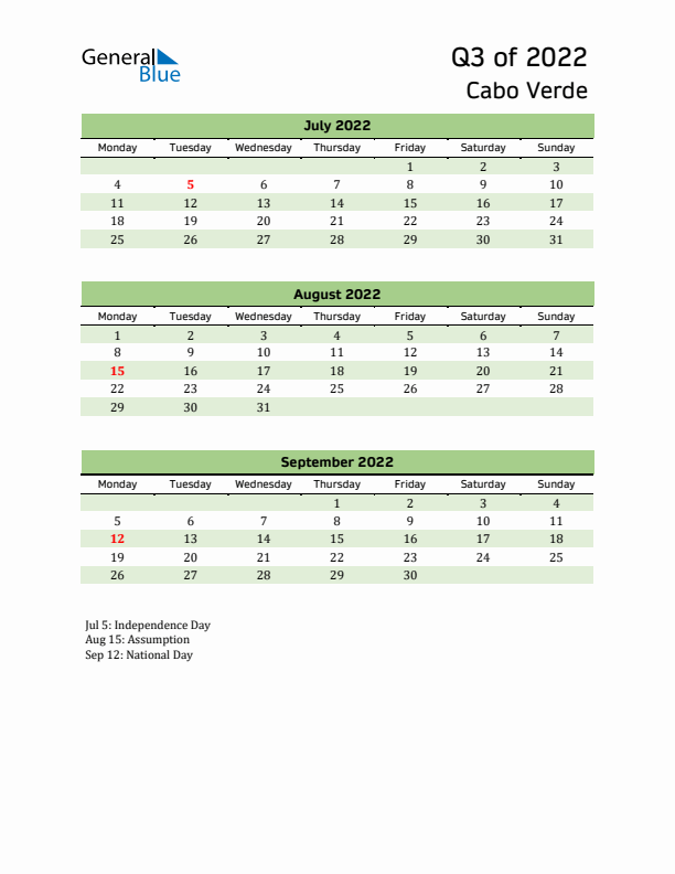 Quarterly Calendar 2022 with Cabo Verde Holidays