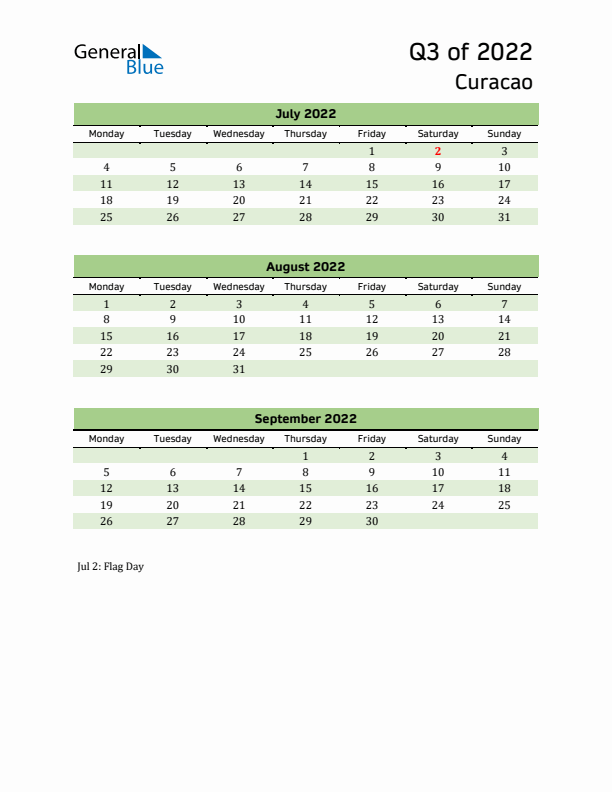 Quarterly Calendar 2022 with Curacao Holidays