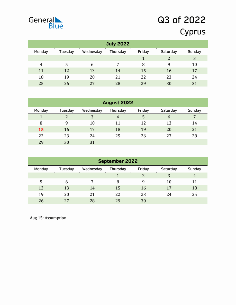 Quarterly Calendar 2022 with Cyprus Holidays