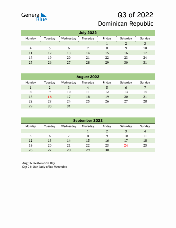 Quarterly Calendar 2022 with Dominican Republic Holidays