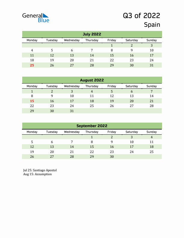 Quarterly Calendar 2022 with Spain Holidays