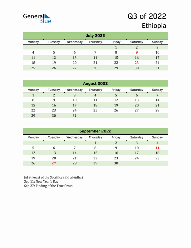 Quarterly Calendar 2022 with Ethiopia Holidays
