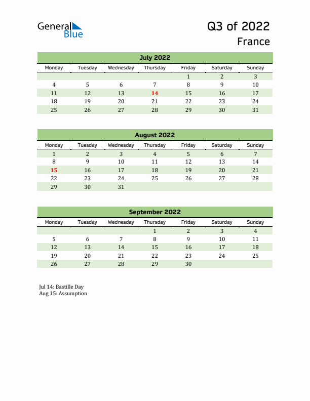 Quarterly Calendar 2022 with France Holidays