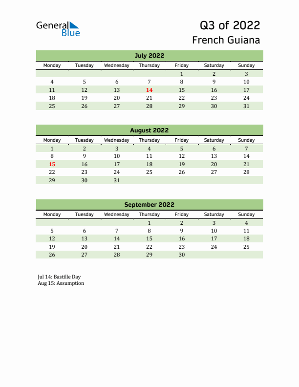 Quarterly Calendar 2022 with French Guiana Holidays