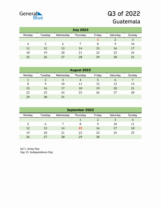Quarterly Calendar 2022 with Guatemala Holidays