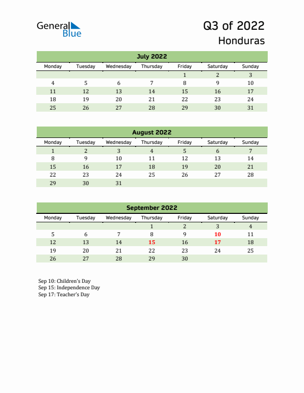 Quarterly Calendar 2022 with Honduras Holidays