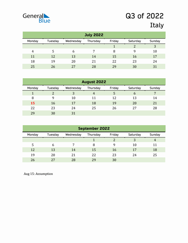 Quarterly Calendar 2022 with Italy Holidays