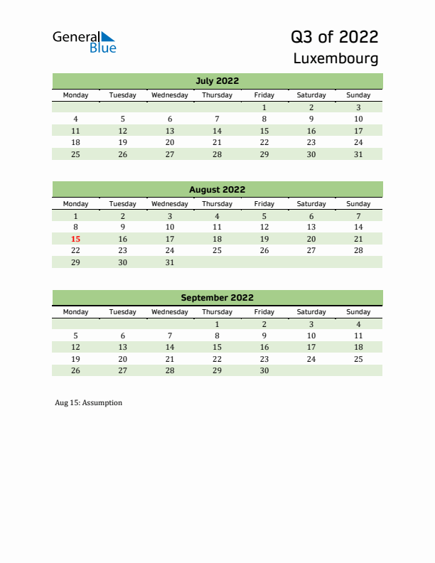Quarterly Calendar 2022 with Luxembourg Holidays