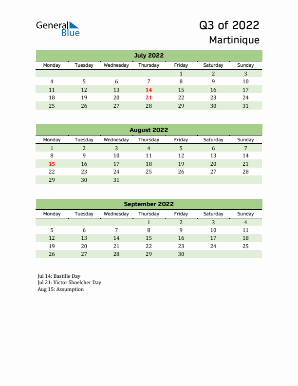 Quarterly Calendar 2022 with Martinique Holidays