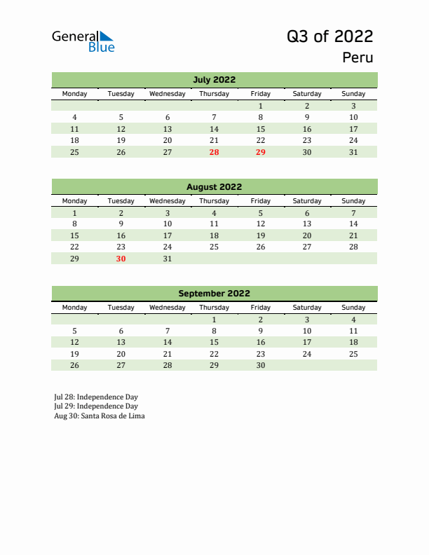 Quarterly Calendar 2022 with Peru Holidays