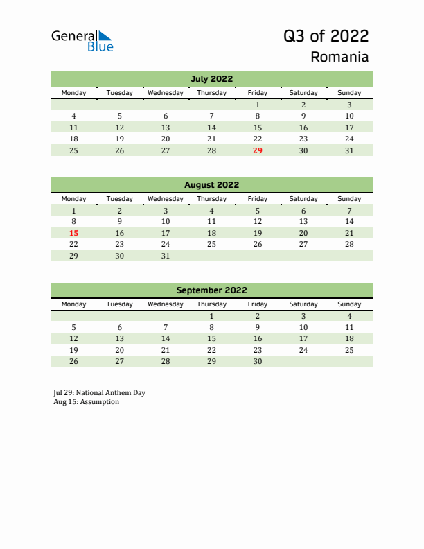 Quarterly Calendar 2022 with Romania Holidays