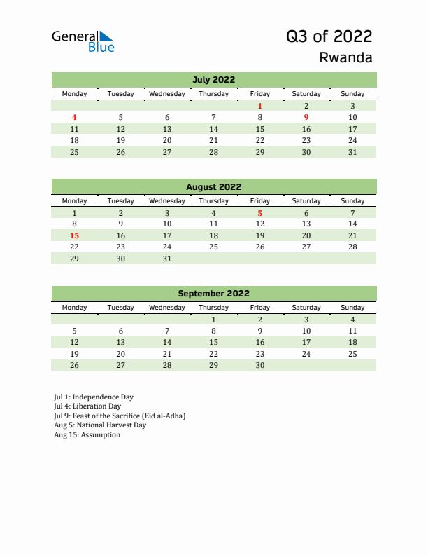 Quarterly Calendar 2022 with Rwanda Holidays