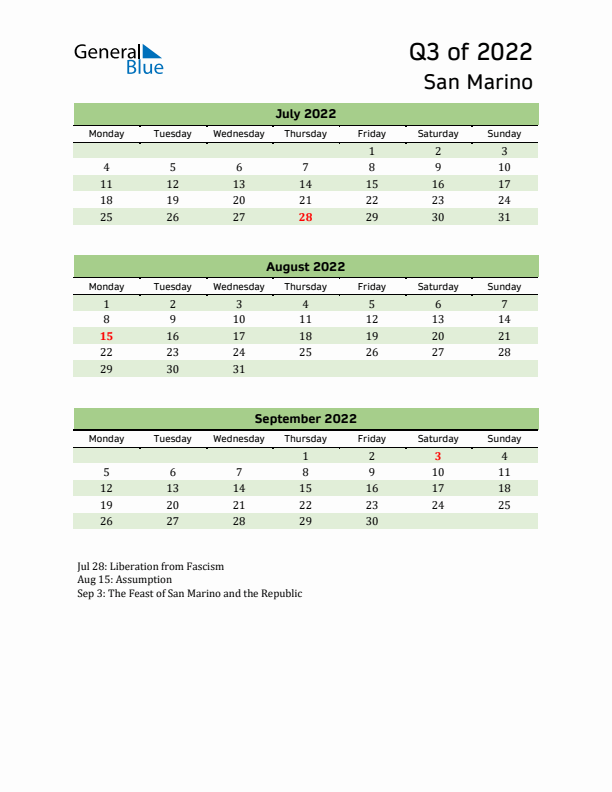 Quarterly Calendar 2022 with San Marino Holidays
