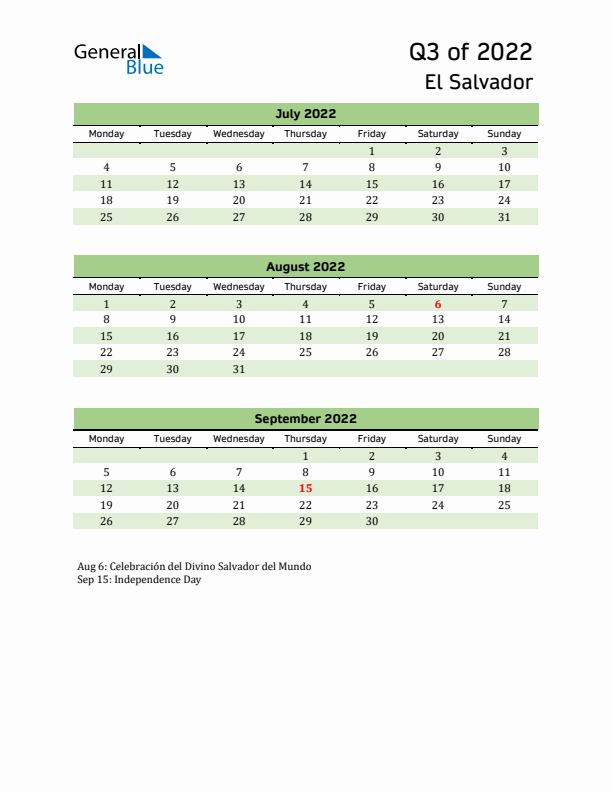 Quarterly Calendar 2022 with El Salvador Holidays
